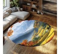 FEIPUHOME Art 160x160cm Rug Rustic Style Autumn Mountain Valley Landscape Round Rugs Wheat Fields Forests Streams Printed Indoor Carpet for Bedroom Bedside Low Pile