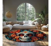 FEIPUHOME Art 160x160cm Rug Skull with Floral Round Rugs Mexican Day of the Dead Decor Throw Carpet Washable Non-slip for Farmhouse Lobby Room Entryway Multicolor