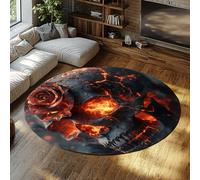 FEIPUHOME Art 160x160cm Rugs Gothic Style Round Rug Burning Skulls and Roses Large Bedside Carpet for Home Office Bedroom Living Room Front Door Foyer Low Pile