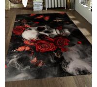 FEIPUHOME Art 160x200cm Area Rugs Gothic Red and Black Floor Carpet Rose Butterfly Skull Mist Rug Machine Washable for Living Room Bedroom Farmhouse Low Pile
