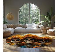 FEIPUHOME Art 200x200cm Rug Day of the Dead Round Rugs Fashion Skull Design Yellow Floral Throw Carpet Modern Aesthetics Non-slip Entryway for Room Coffee Chair
