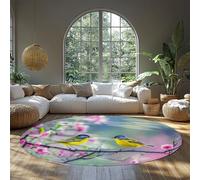 FEIPUHOME Art 200x200cm Rug Spring Flower and Bird Patterns Rugs Yellow Sparrows and Pink Blossoms Washable Thin Non Slip Round Carpet for Nursery Bedroom Living Room