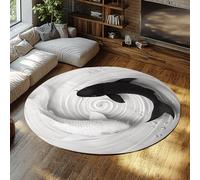 FEIPUHOME Art 200x200cm Rugs Black and White Modern Art Round Rug Koi Fish Pearls Minimalist Design Carpet Non Slip Soft Low Pile for Bedroom Dining Office Corridor
