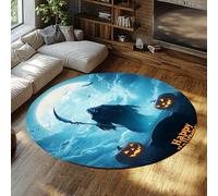 FEIPUHOME Art 200x200cm Rugs Halloween Spooky Night Round Rug Sea of Clouds Cemetery Pumpkin Bat Carpet Soft Low Pile Thin Bedroom Floor Mat for Living Room Hallway