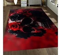 FEIPUHOME Art 200x300cm Area Rug Gothic Romantic Rugs Skull and Roses Carpet for Hallway Living Room Kitchen Bedroom Anti-Slip Floor Mat Low Pile Black and Red