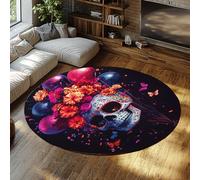 FEIPUHOME Art 80x80cm Rug Day of the Dead Theme Low Pile Round Carpet Flowers Balloons Butterflies Skull Rugs for Living Room Front Entrance Floor Decor Washable