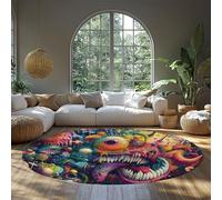 FEIPUHOME Art 80x80cm Rugs Contemporary Cartoons Round Rug Colorful Psychedelic Monster Design Floor Mat Living Bedroom Soft Thin Front Porch Indoor Carpet Low Pile