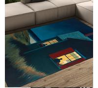 FEIPUHOME Art Area Rug 120x180cm Realistic Style Carpet Workers at Night Houses by the Sea Pattern Soft Non-slip Rugs for Home Office Bedroom Kitchen Low Pile Blue