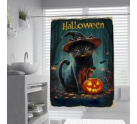 FEIPUHOME Art Autumn Halloween Shower Curtain Black Cat Pumpkin Lantern Bat Falling Leaves Bathtub Curtains for Farmhouse Bathroom Waterproof Fabric 90 x 180 cm