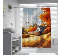 FEIPUHOME Art Autumn Rural Landscape Waterproof Fabric Shower Curtain Train Cottage Wheat Field Windmill Bathroom Curtains with Hooks Quick Dry Yellow 150 x 200 cm