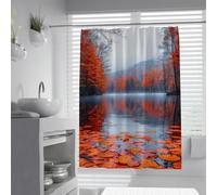 FEIPUHOME Art Autumn Scenery Shower Curtains Red Maple Grove Lake Falling Leaves Bathtub Curtain for Modern Bathroom Decoration Washable Waterproof 120 x 180 cm