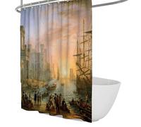 FEIPUHOME Art Baroque Style Shower Curtain Seaport at Sunset Famous Painting Prints Bathroom Curtains Waterproof Fabric with Hooks Dry and Wet Separation 150 x 180 cm