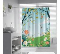 FEIPUHOME Art Cartoon Colorful Fabric Shower Curtain Spring Bee Flowers Waterproof Fabric Bath Curtain for Nursery Bathroom Machine Washable with Hooks 200 x 220 cm