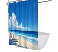FEIPUHOME Art Coastal Style Shower Curtain Blue Sky and Sea Shade Trees Beach Chairs Bathtub Curtains for Mid Century Modern Home Decor Waterproof 120 x 200 cm