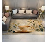 FEIPUHOME Art Elegant and Chic Area Rugs 100x200cm Washable Rug Ceramic Tea Bowls and Plant Leaves Decorations Carpet Big Size for Hotel Rooms Bedsides Low Pile Non Skid