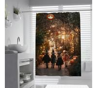 FEIPUHOME Art Halloween Witch Children Shower Curtain Pumpkin Lantern Path Autumn Pattern Waterproof Fabric Bathroom Curtain Set with Hooks Washable 150 x 200 cm
