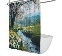 FEIPUHOME Art Modern Nature Scenery Fabric Shower Curtain Set with Hooks Giant Flowering Trees River Grassland Bathtub Curtains for Bathroom Decorative 200 x 240 cm