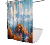 FEIPUHOME Art Natural Landscapes Shower Curtains for Bathroom Decor Mountains in the Clouds Birds Flying Trees Bath Curtain Set with Hooks Waterproof 200 x 220 cm