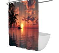 FEIPUHOME Art Ocean Landscape Shower Curtain Sunset Lonely Island Palm Trees Bath Curtains Waterproof Fabric Bathroom Decoration with Hooks Quick Dry 120 x 180 cm