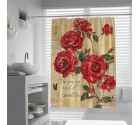 FEIPUHOME Art Retro Chic Shower Curtain Roses Butterflies and Old Newspapers Printing Bath Curtains Modern Bathroom Accessories Waterproof Washable 180 x 180 cm
