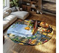 FEIPUHOME Art Round Rugs 120x120cm Washable Non Slip Paris-Themed Rug Eiffel Tower Street Lamp Flower Shop Carpets for Dining Area or Under Table Romantic Home Decor