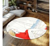 FEIPUHOME Art Round Rugs 120x120cm Washable Soft Non-slip Rug Modern Minimalist Design for Teen Room Bedroom Lounge Girl and Cat on the Deck Carpets Nautical Style