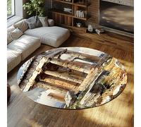 FEIPUHOME Art Round Rugs 80x80cm Ancient Ruins Style Rug Greek Architecture Pattern Thin Washable Soft Low Pile Non Slip Carpets for Living Room Bedroom Study Room
