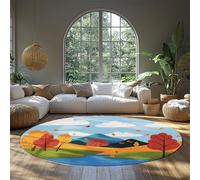 FEIPUHOME Art Rug 120x120cm Cartoon Abstract Colorful Living Room Round Carpet Lakeside Lawn Mountains Door Mat for Indoor Outdoor Corridor Apartment Low Pile