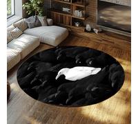 FEIPUHOME Art Rug 200x200cm Black White Contrast Modern Round Rugs Striking Flock of Birds Pattern Washable Carpet for Living Room Office Apartment Non Slip Low Pile