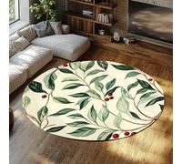 FEIPUHOME Art Rug 200x200cm Boho Minimalism Round Rugs Red Berries Green Leaves Floor Carpet for High Traffic Areas Entryway Living Room Bedroom Low Pile Foldable