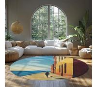 FEIPUHOME Art Rug 80x80cm Coastal Scenery Round Rugs Man Walking with the Dog Retro Houses Pattern Low Pile Soft Carpet for Guest Room Tea Room Porch Non Slip