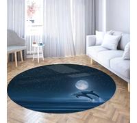 FEIPUHOME Art Rug 80x80cm Full Moon Starry Sky Round Rugs Dolphin Ocean Theme Washable Non Slip Thin Soft Floor Carpet for Nursery Bedroom Living Room Apartment Blue