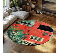 FEIPUHOME Art Rug 80x80cm Retro Artistic Round Rugs Tropical Greenery Red House Carpet for Girl Woman Room Bedroom Hallway Back Door Non-slip Washable Doormat