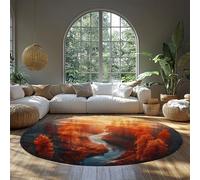 FEIPUHOME Art Rug 80x80cm Rustic Autumn Scenic Round Rugs Red Maple Forest Bending River Non-slip Thin Backing Large Carpet for Bedroom Dining Room Front Porch