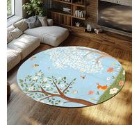 FEIPUHOME Art Rugs 120x120cm Cartoon Fantasy Garden Round Rug Rabbit Bee Lawn Blooming Fruit Trees Large Non-slip Indoor Decor Carpet for Lounge Tea Table Sofa