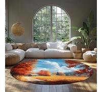 FEIPUHOME Art Rugs 120x120cm Rural Landscape Washable Round Rug for Farmhouse Living Dining Room Wheat Field Pathway Cabin Carpet Low Pile Under Table Foldable