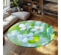FEIPUHOME Art Rugs 80x80cm Boho Minimalism Round Rug White Blossom Spring Floral Large Non-slip Carpet for Dining Room Bedroom Home Office Green Low Pile Washable