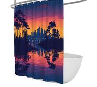 FEIPUHOME Art Sunset Landscape Shower Curtain for Bathroom City and Jungle Reflected in the Ocean Pattern Bath Curtains with Hooks Washable Fabric 200 x 240 cm