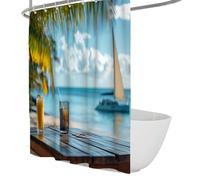FEIPUHOME Art Vacation Theme Shower Curtains Beach Yacht Drinks Palm Trees Bathroom Partition Curtain Wet Room Decor Waterproof with Plastic Hooks 200 x 220 cm