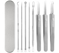 FEITA Blackhead Remover & Comedone Extractor Tool, Face Needle & Curved Tip Acne Tweezers Kit, Metal Box, Stainless Steel Pimple Removal Tools for Nose, Silver 8Pcs