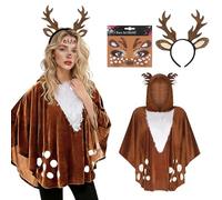 Feithmonic Deer Costume for Women Adult, Carnival Costume with Poncho, Brown Deer Cape Face Tattoo Headband Reindeer Animal Costume for Theme Party, Cosplay, Halloween, Christmas-3pcs