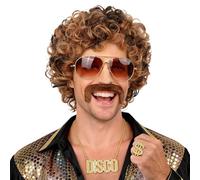 Feithmonic Set of 5 Men's Afro Wigs, 70s 80s Disco Dude Dirt Bag Wig with Glasses, Beard, Necklace Ring, Curly Hippie, Men's Fancy Dress Costume for Cosplay, Halloween, Carnival, Blonde Mix Brown