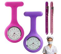 FEITONGFX 4PCS Nurses Fob Watch and Pen Torch, Silicone Nurses Watches with Clip for Women, Paramedic Accessories for Health Care Nurse Doctor, Paramedics (Purple & Pink)