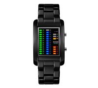 FeiWen Fashion Binary Digital Watches for Men Black Stainless Steel Rectangle Dial Outdoor 50M Waterproof Red Yellow Blue Green LED Light Week Calendar
