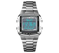 FeiWen Fashion Sport Watches for Men and Women LED Electronic Outdoor Multifunction Dual Time Countdown Digital Wrist Watch Plastic Case with Stainless Steel Band (Silver)