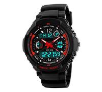 FeiWen Mens Dual Time Multifunction LED Digital Sports Watches, 50M Waterproof Outdoor Analog Quartz Military Wristwatch Date Alarm Stopwatch Plastic Wrist Watch (Red)