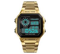 FeiWen Mens Fashion Digital Sports Watch Outdoor Military Multifunction 50M Waterproof LED Dual Time Simple Design Plastic Case and Stainless Steel Band Wrist Watches, Gold