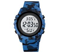 FeiWen Mens Outdoor Sports Plastic Watches LED Electronic Thermometer Digital Alarm Stopwatch Date Military Waterproof Running Watch (White Blue Camo)