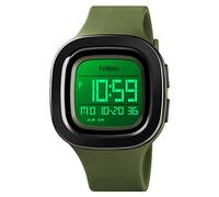 FeiWen Mens Sports Plastic Watches with Rubber Band Waterproof LED Electronic Alarm Digital Dual Time Stopwatch Outdoor Multifunction Watch (Military Green)