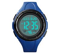 FeiWen Mens Watch Sports Outdoor LED Electronic Dual Time Alarm Stopwatch Digital Watches Plastic Case with Rubber Band 50M Waterproof (Blue)
